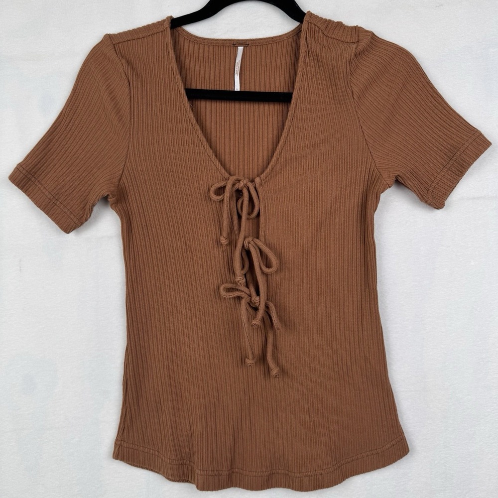 FREE PEOPLE Women's Brown Top‎ Short Sleeve Bows Knots M
